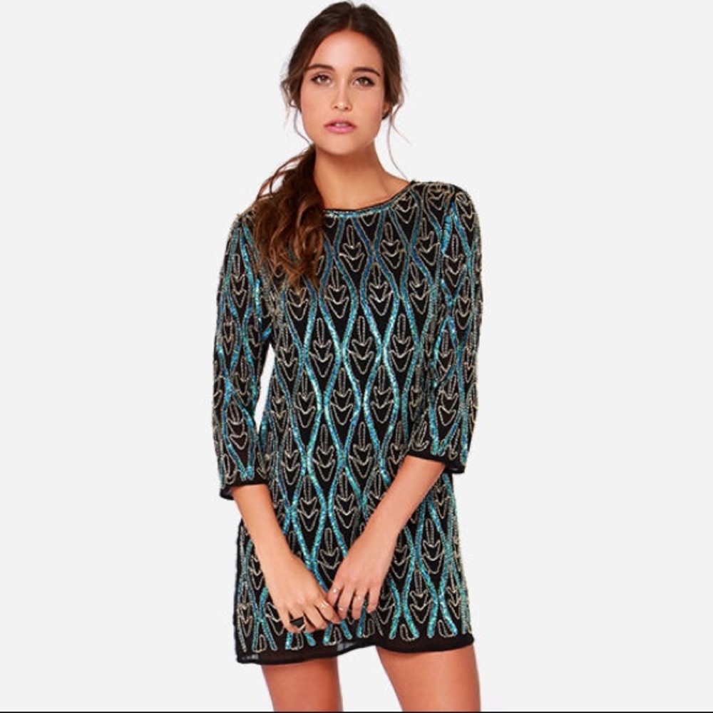 Endless Rose Electric Waves Black + Teal Sequin Dress